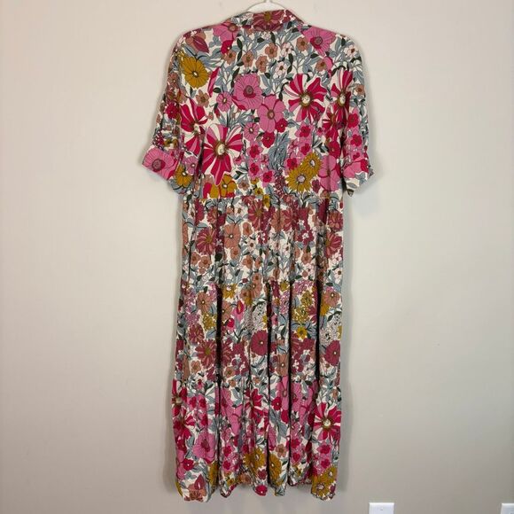 Natural Life Pink and Yellow Floral Print Collared V Neck Short Sleeve Midi Dres - Picture 2 of 7